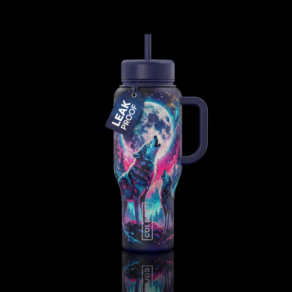 wolf, moon water bottle design