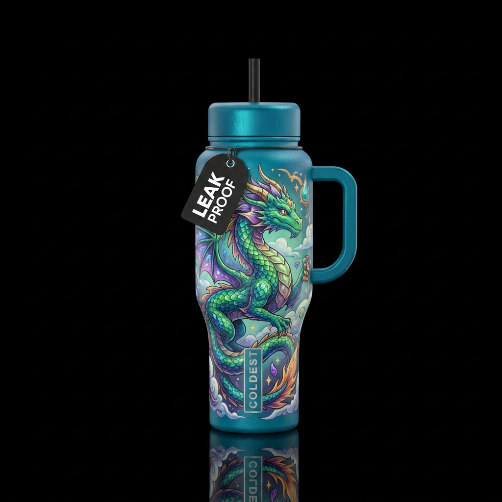 whimsical, dragon water bottle design
