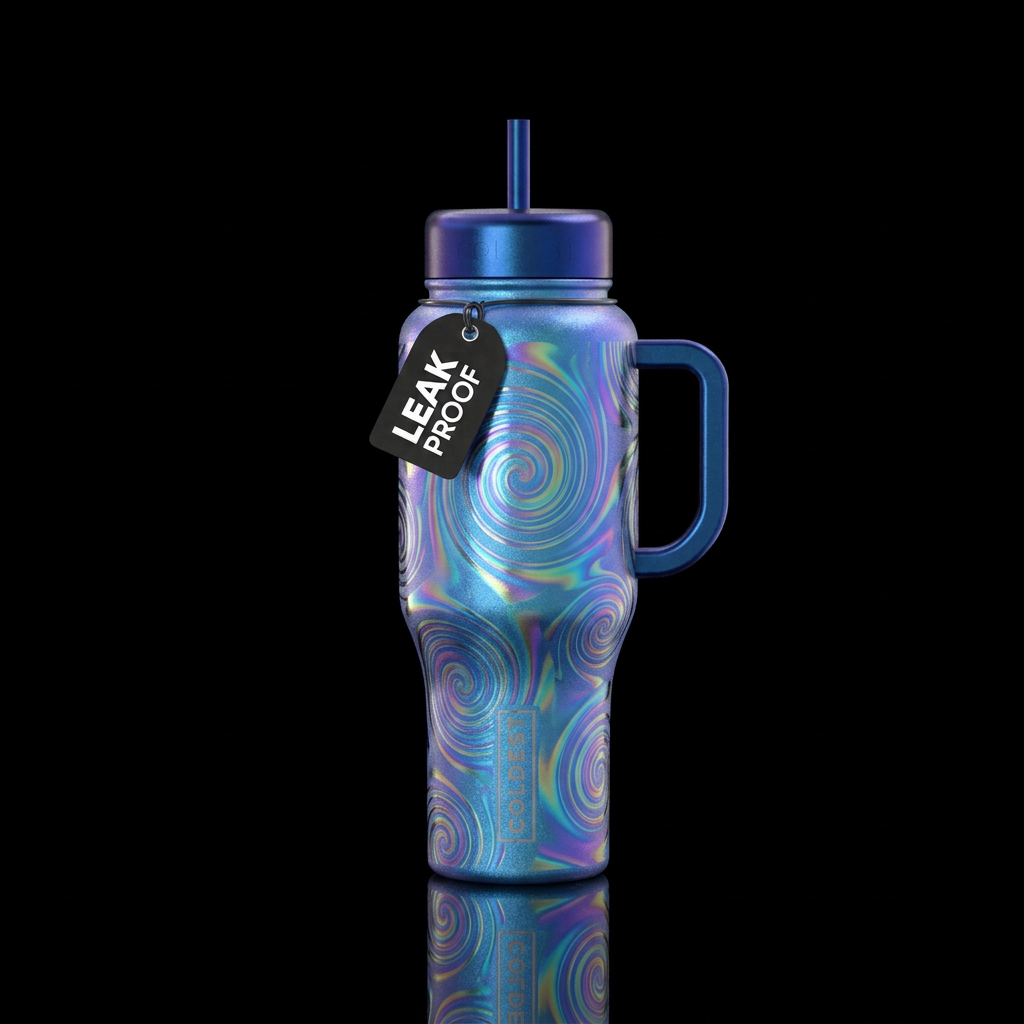 spirals, irridescent, blue bottle water bottle design