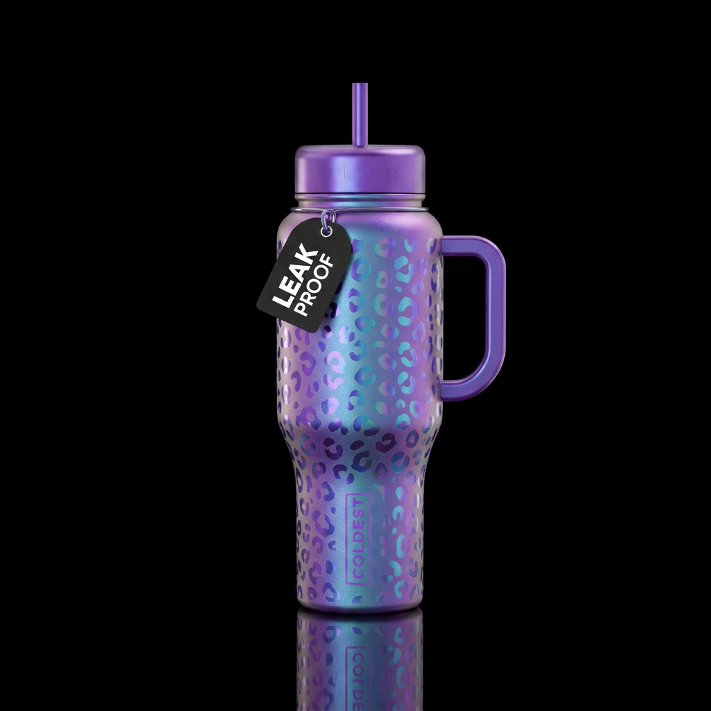 cheetah, irridescent, purple bottle water bottle design