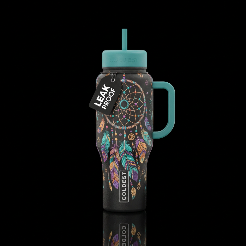 feathers. boho, dreamcatcher water bottle design