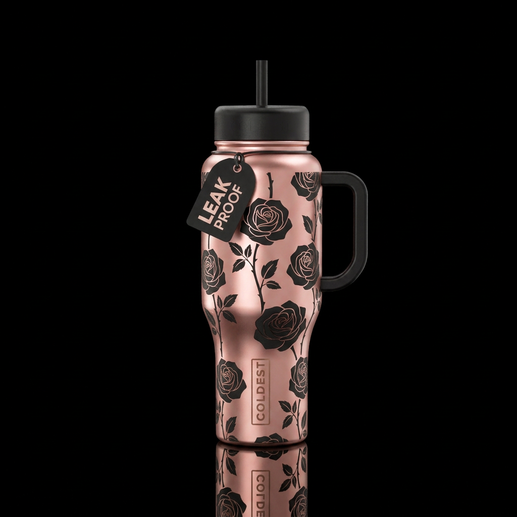 rose gold bottle, black roses water bottle design