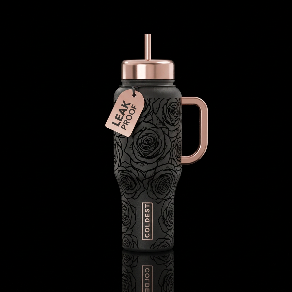 rose gold bottle, black roses water bottle design
