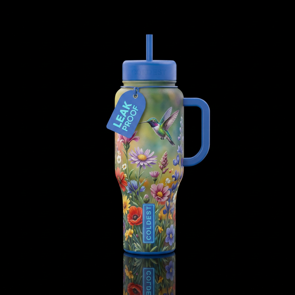 wildflowers. hummingbird, vibrant water bottle design