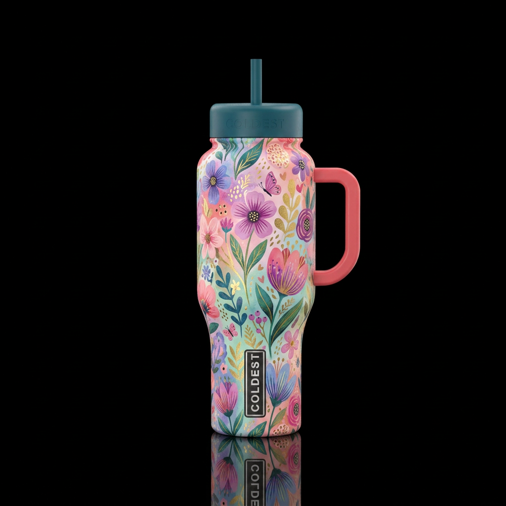 spring bloom, artistic, whimsical water bottle design