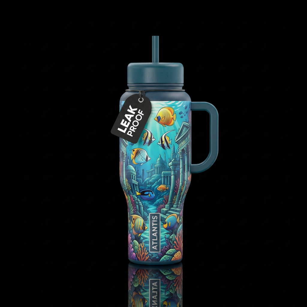 atlantis, tropical fish water bottle design