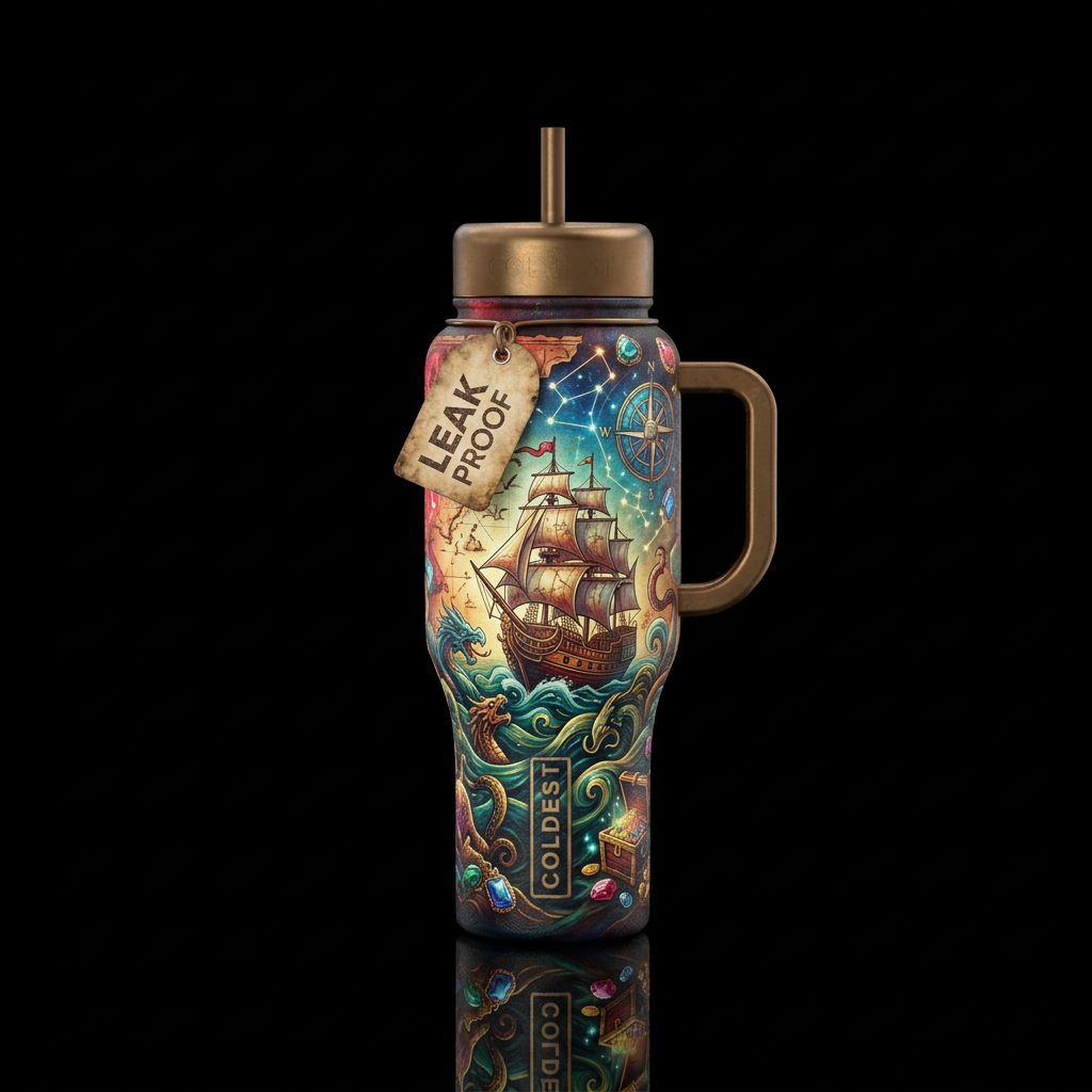 pirate, fantasy, magical, ancient water bottle design