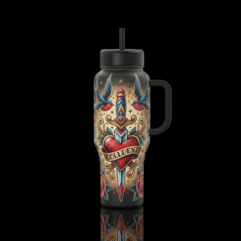 tattoo style, swallows, dagger, heart water bottle design