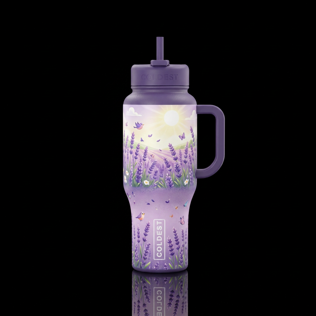 lavender field, happy mood, whimsical water bottle design