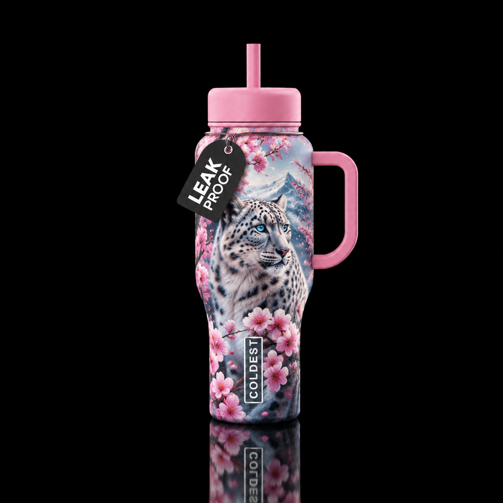 snow leopard, cherry blossom season water bottle design