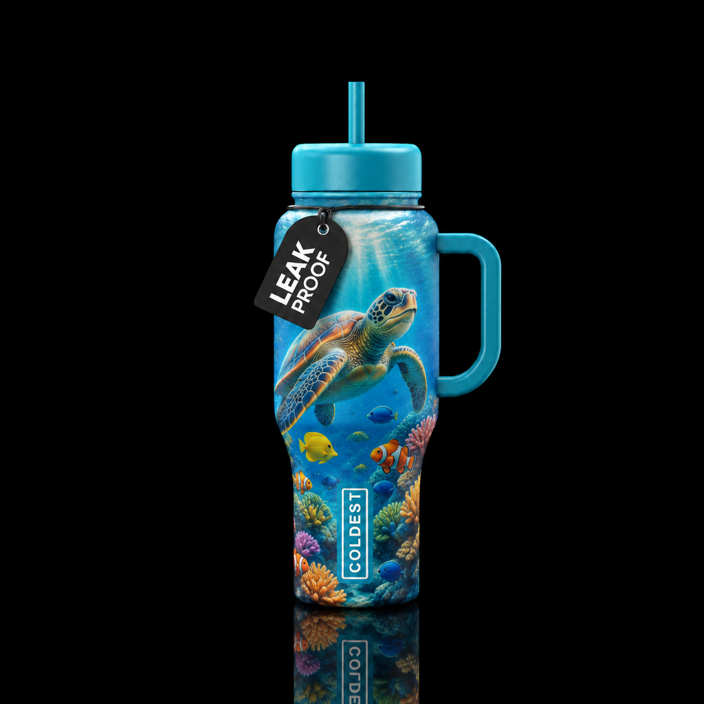 turtle, magical, ocean, tropical fish water bottle design