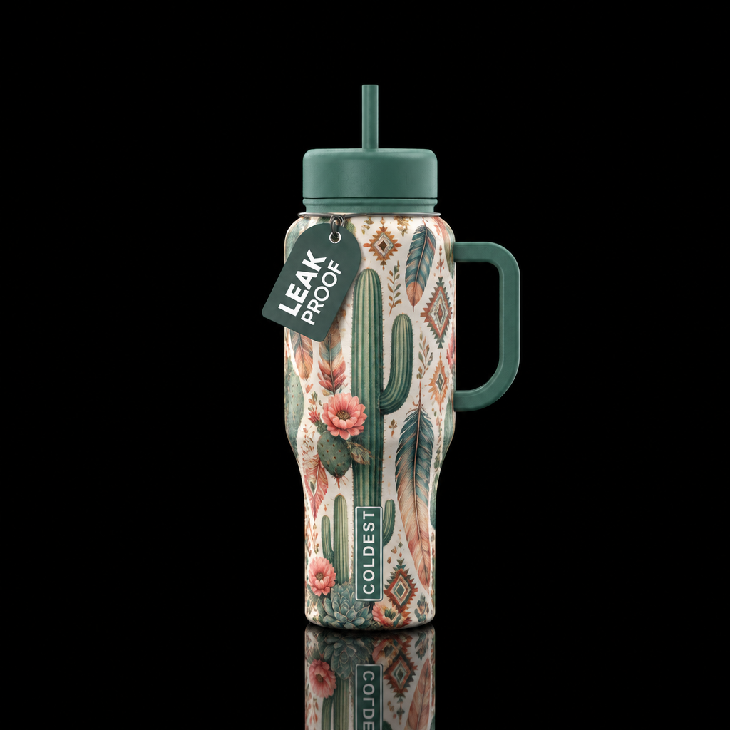 cactus, boho, feathers, beautiful water bottle design