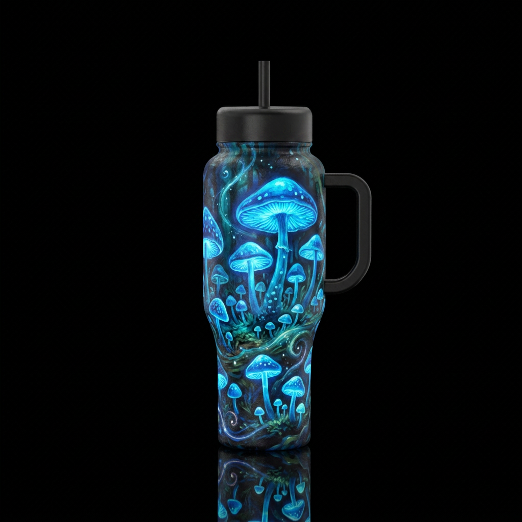Glowie Blue Mushrooms water bottle design