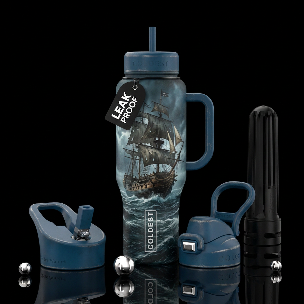 PIRATE SHIP, TEXTURED, STORMY SEAS water bottle design