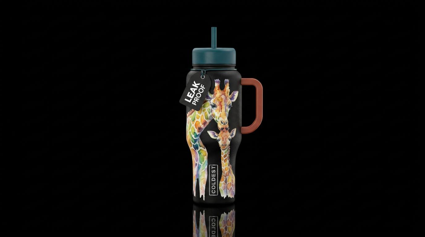 Giraffe and baby watercolor water bottle design