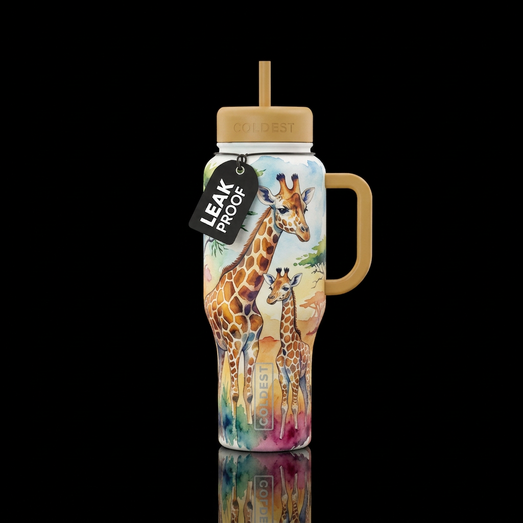 Giraffe and baby watercolor water bottle design