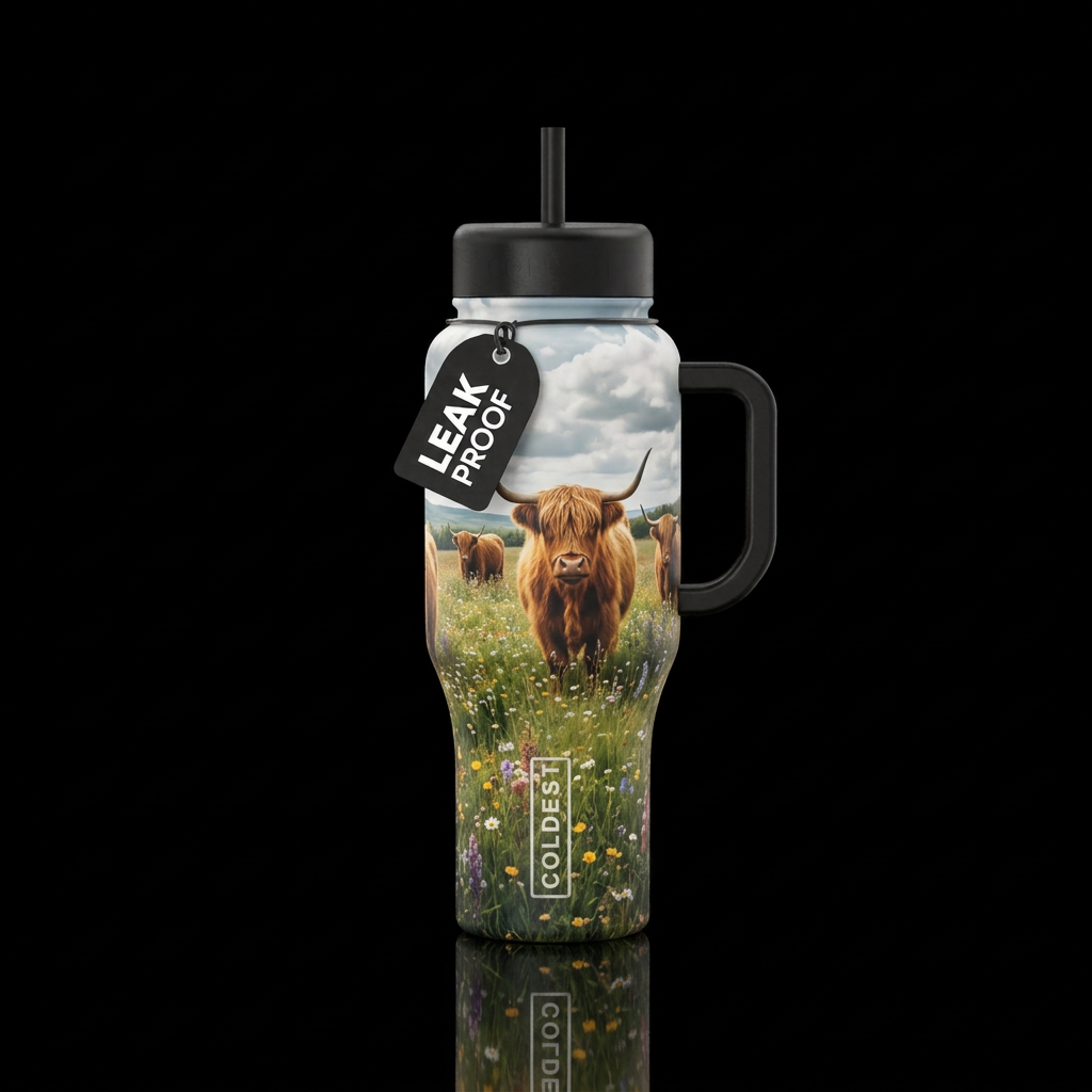 Highland cows in a field water bottle design