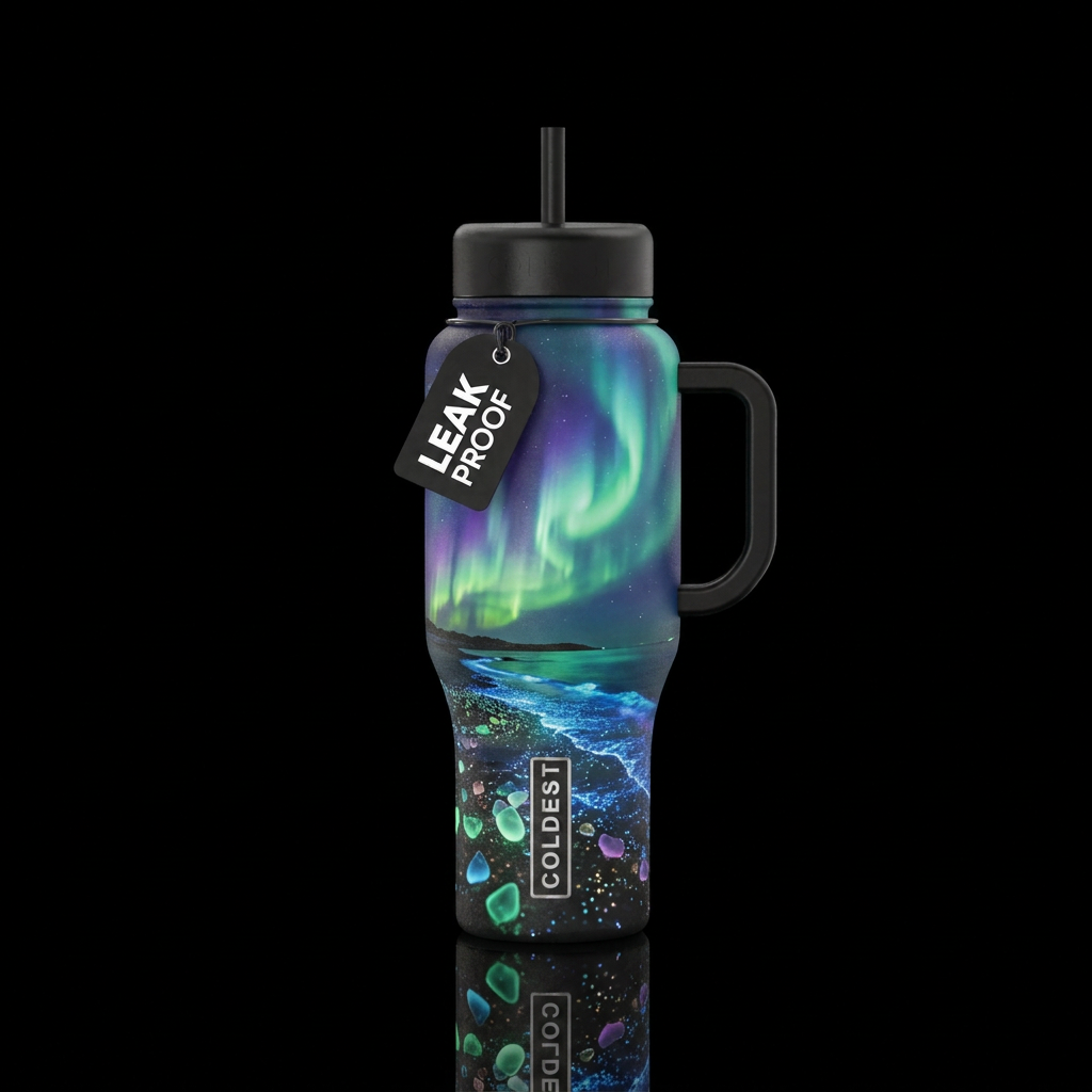 The northern lights along the bioluminescent shore... water bottle design