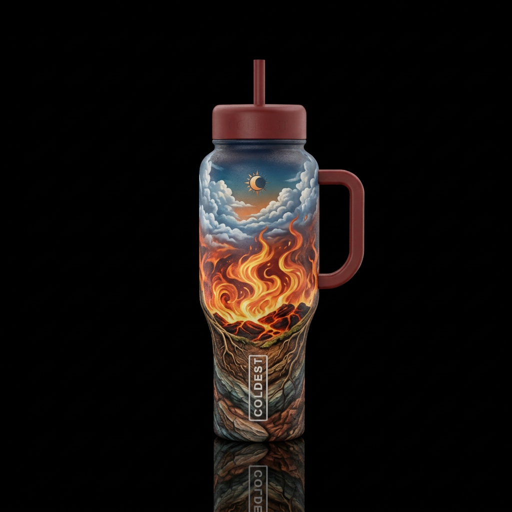 Earth below sky above fire within water bottle design