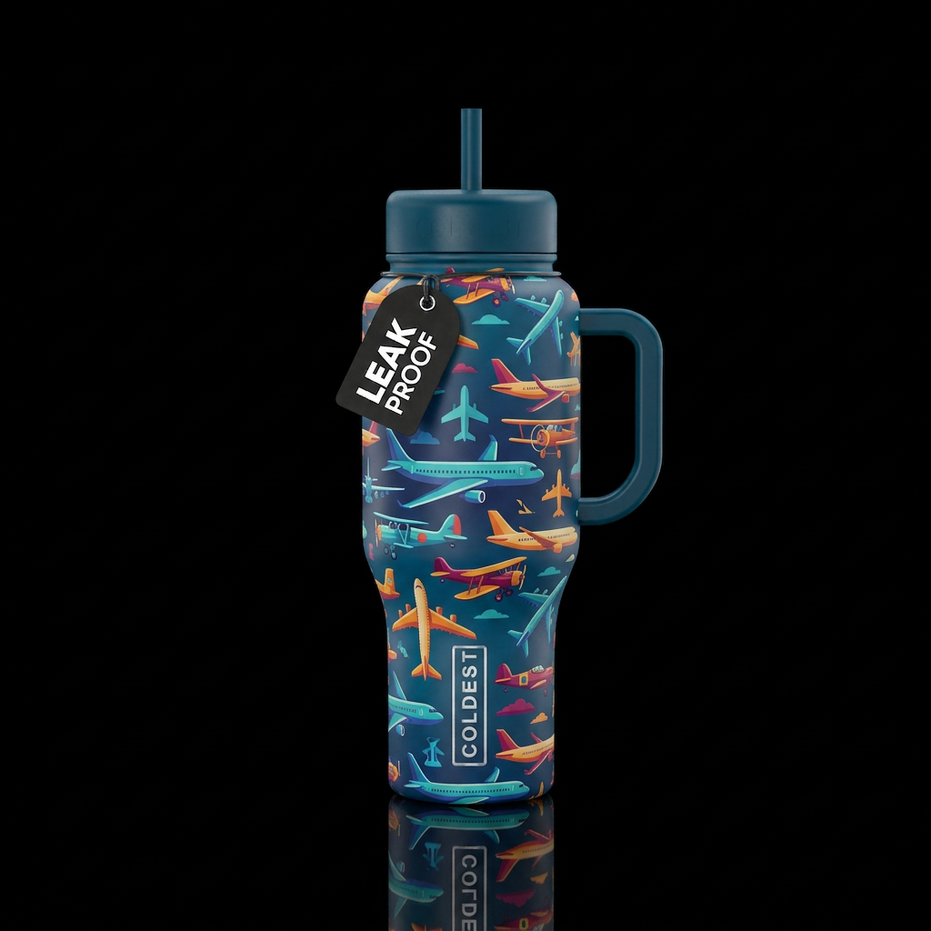 A cup with planes water bottle design