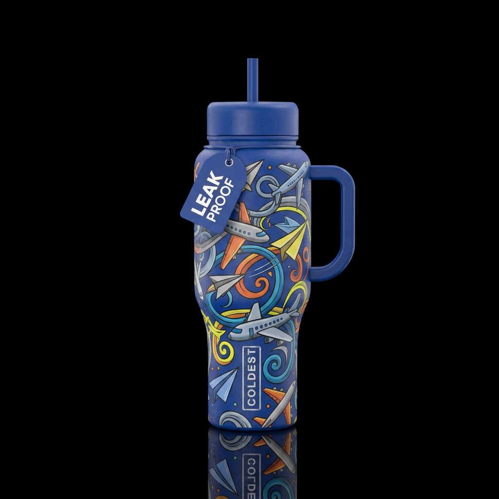A cup with planes water bottle design