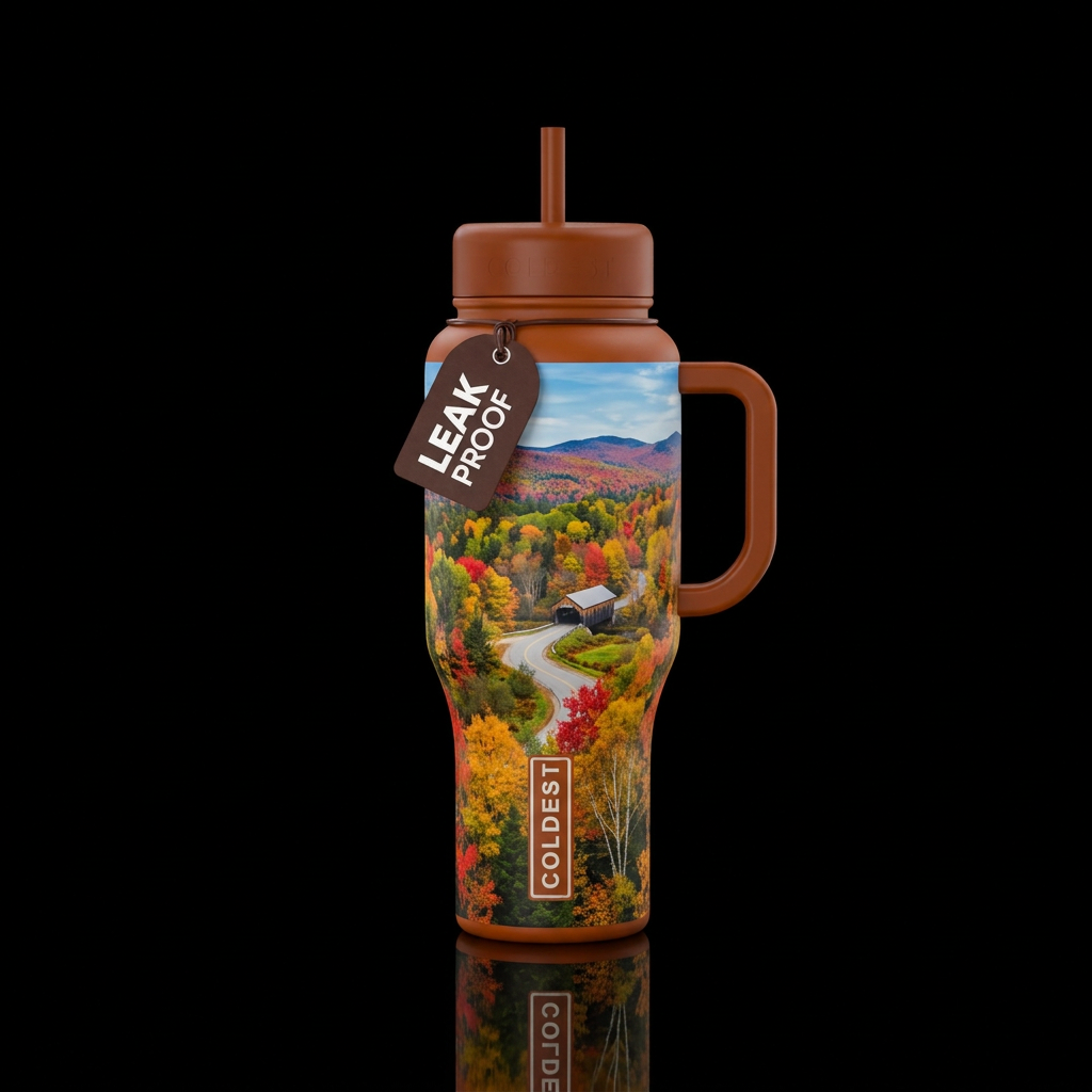New England fall scenery water bottle design