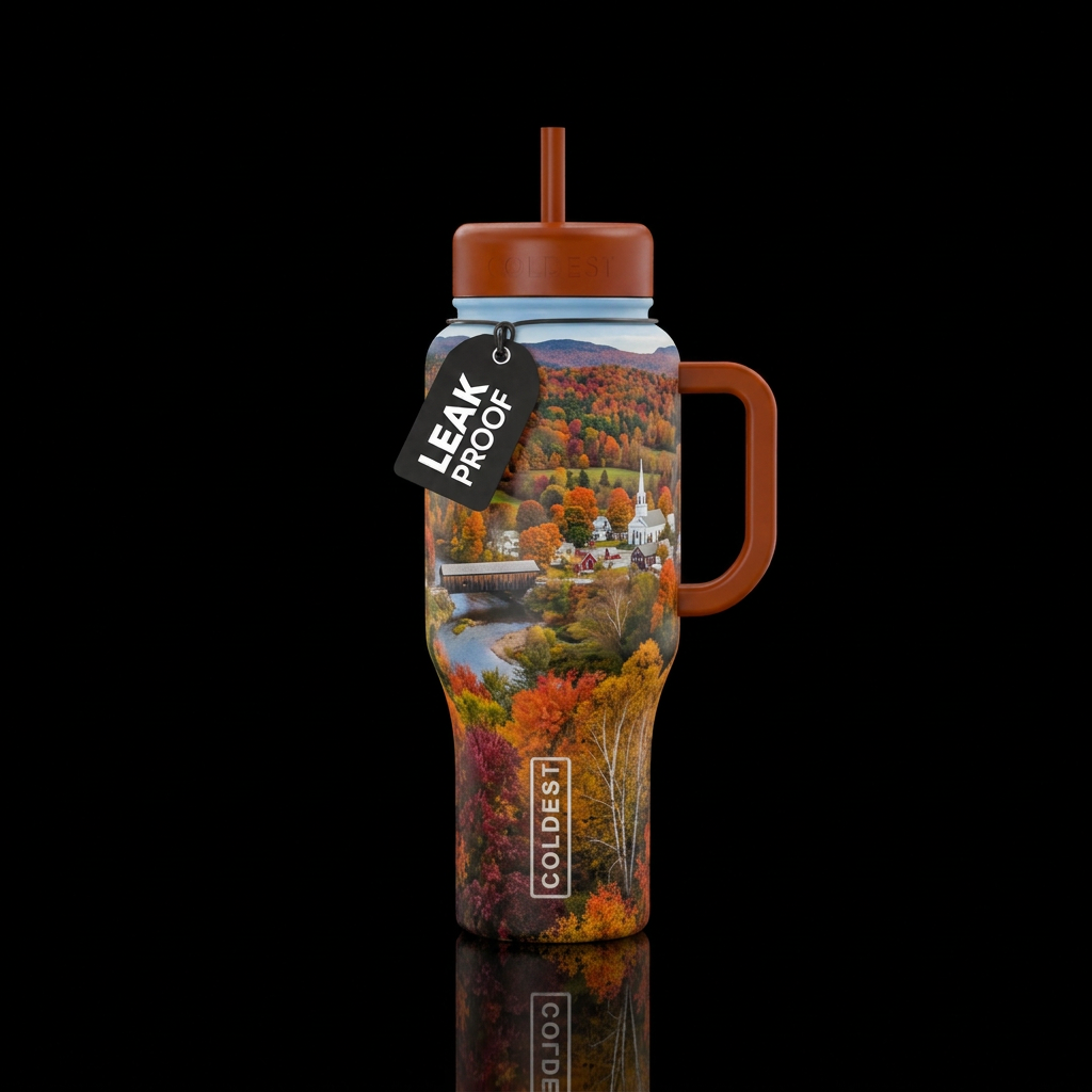 New England fall scenery water bottle design