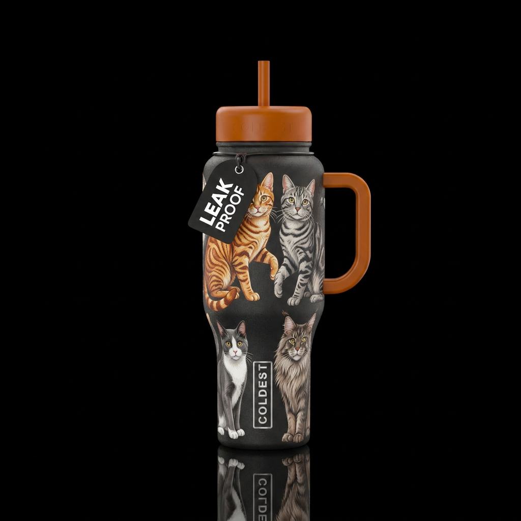 Orange tabby cat, grey tabby cat and Maine coone. ... water bottle design