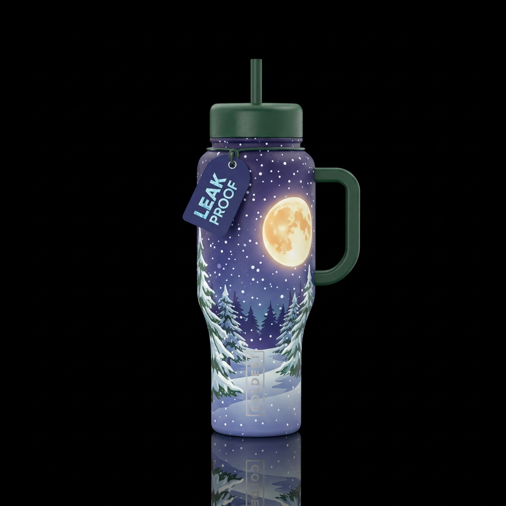 Cold snowy night.    With pine trees and full moon water bottle design
