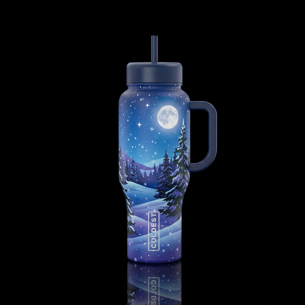 Cold snowy night.    With pine trees and full moon water bottle design
