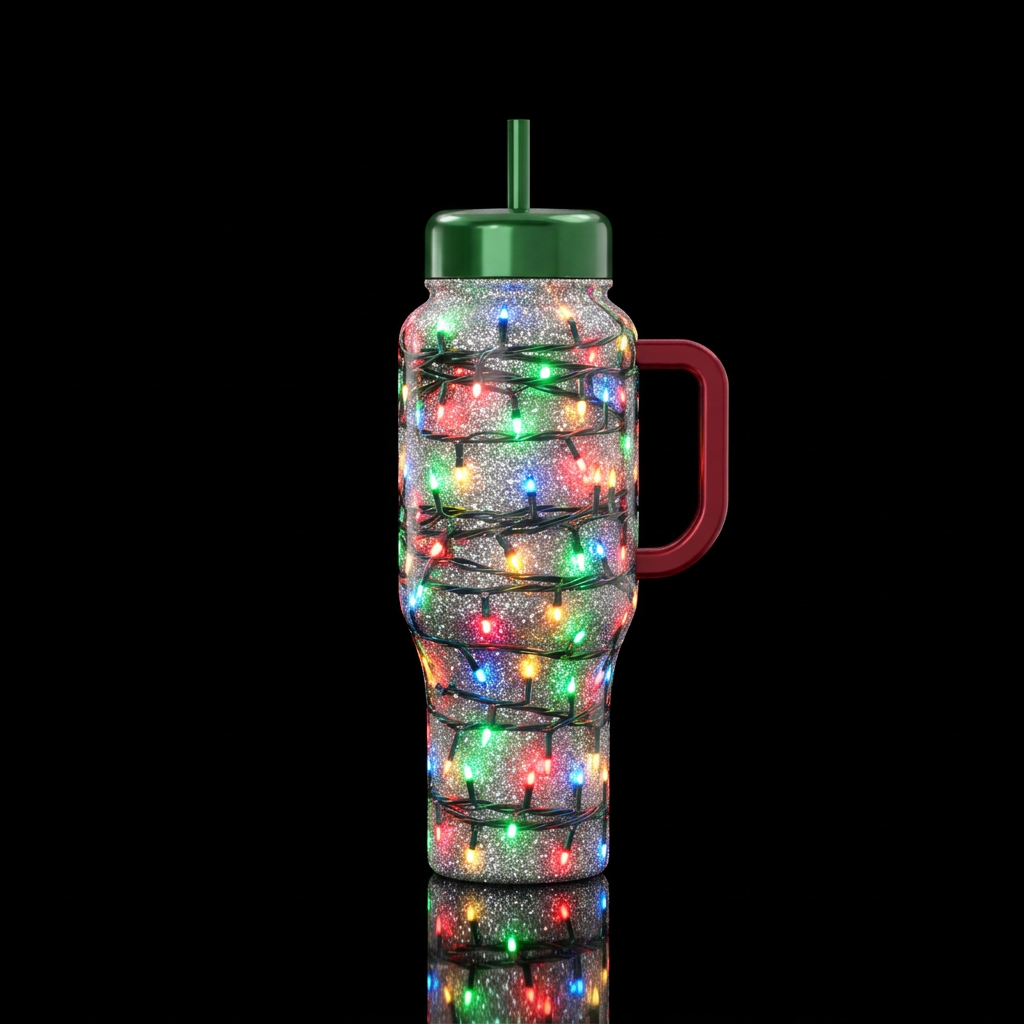 Christmas tree lights with silver sparkle water bottle design