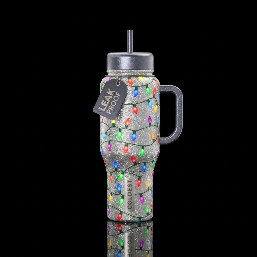 Christmas tree lights with silver sparkle water bottle design