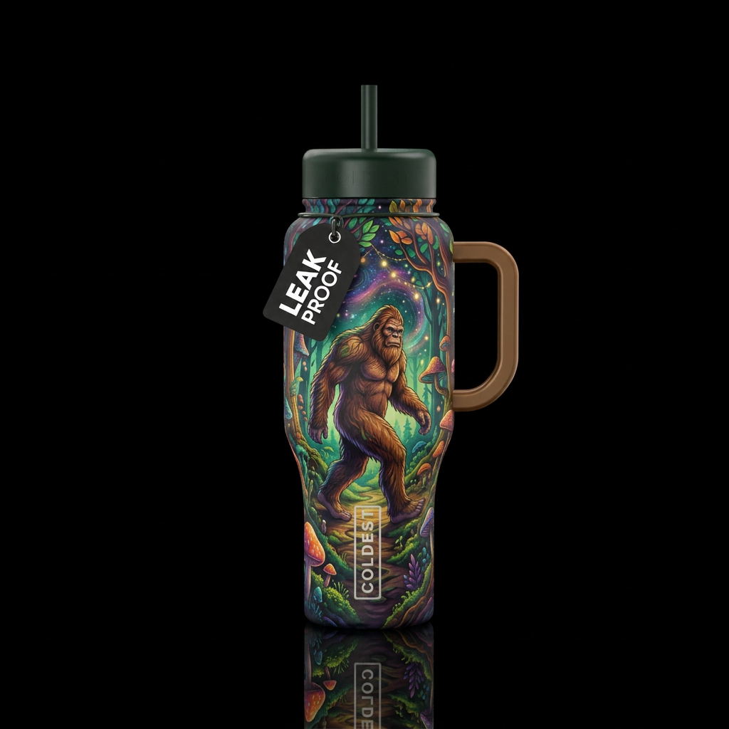 Sasquatch walking through the woods, magical, whim... water bottle design