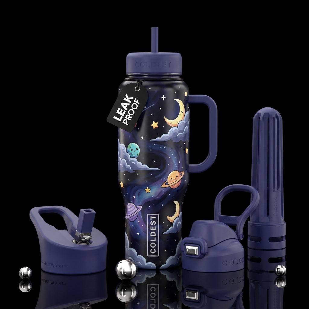 Dark stargazing, clouds with cartoon moon and plan... water bottle design