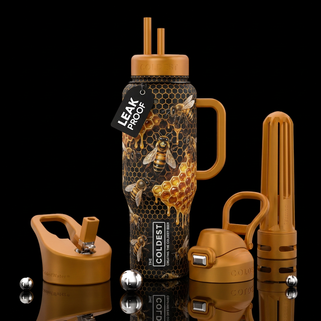 Honeycomb with honey doing and honeybees and a que... water bottle design