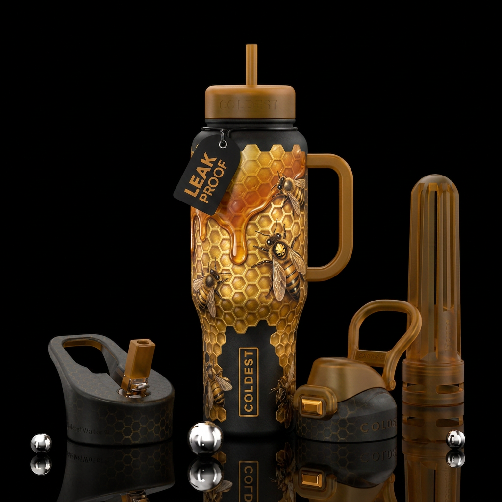 Honeycomb with honey doing and honeybees and a que... water bottle design