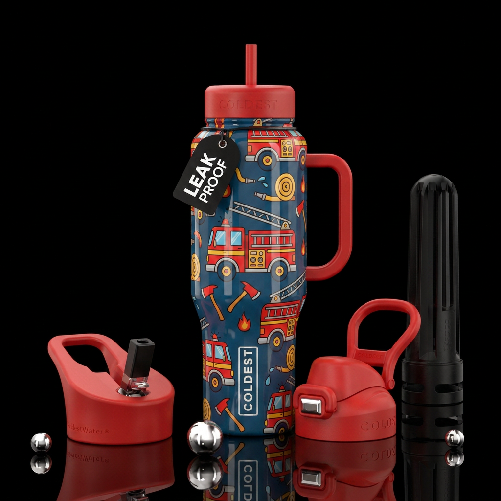 Cartoon firetruck and axes water bottle design