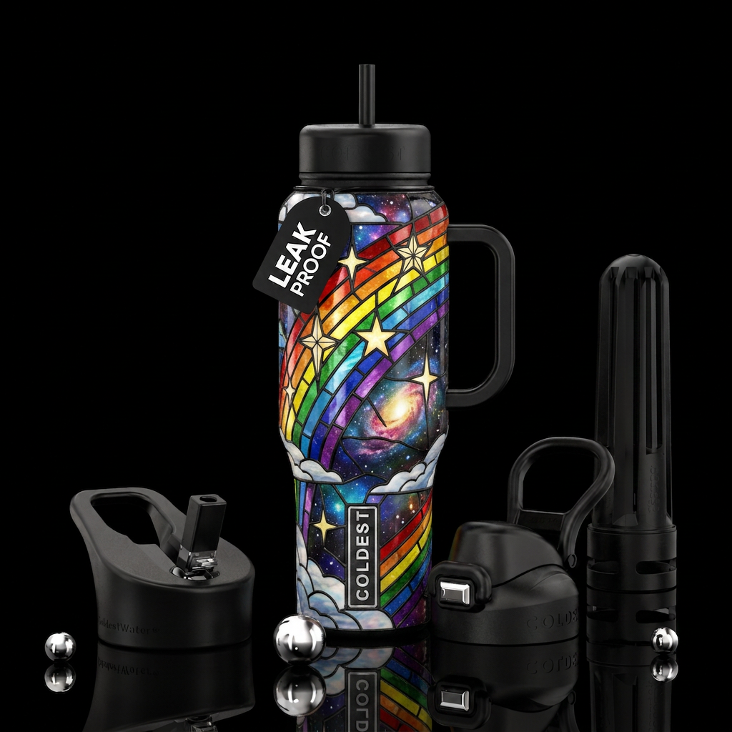Rainbows, stars, clouds, and The galaxy in stained... water bottle design