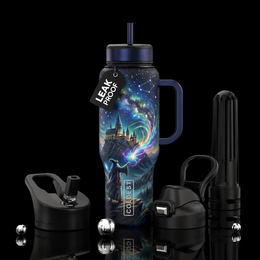 a castle and maybe a wizard standing on a hilltop ... water bottle design