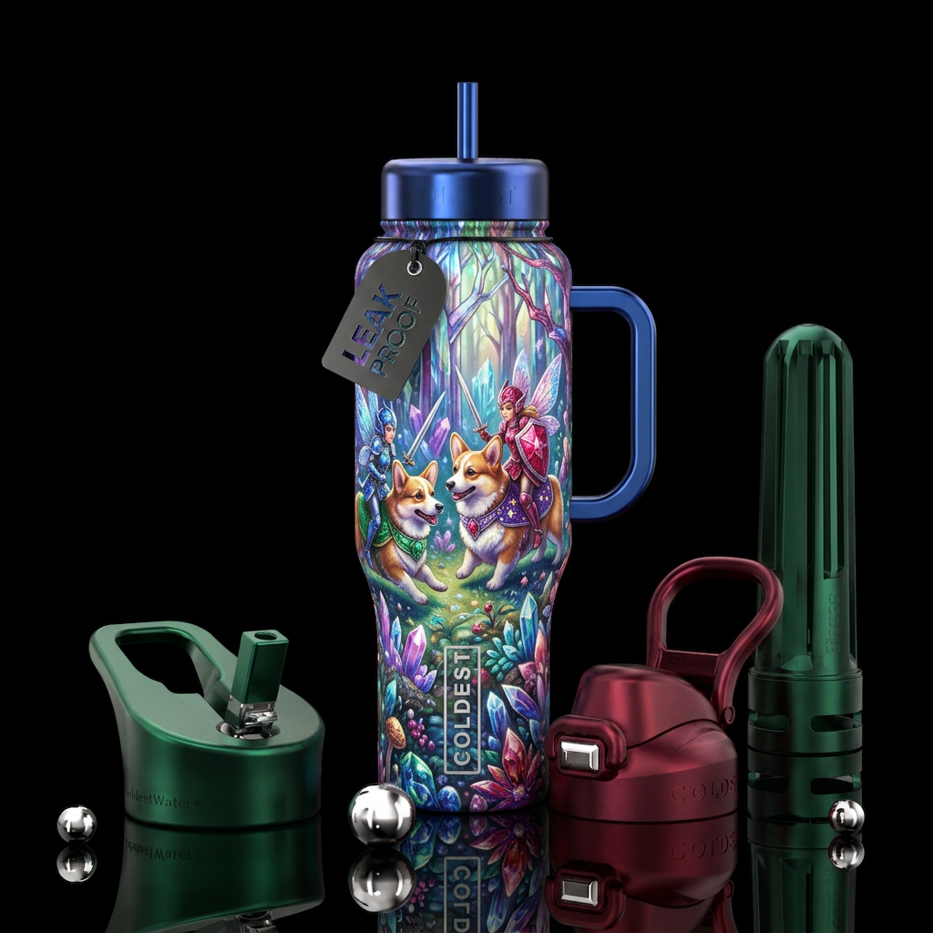 Bright jewel tones, fairies riding corgis in battl... water bottle design