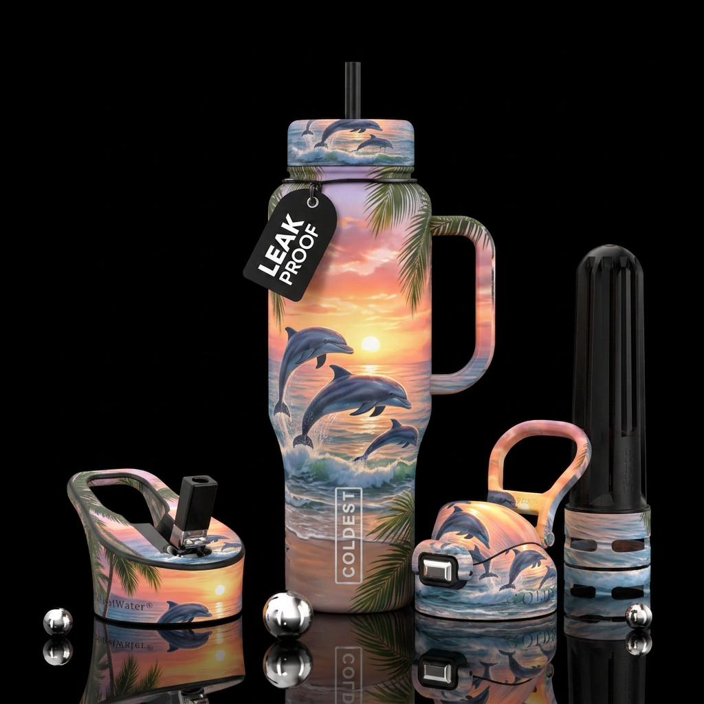 Tropical, dolphins playing in surf, beautiful suns... water bottle design