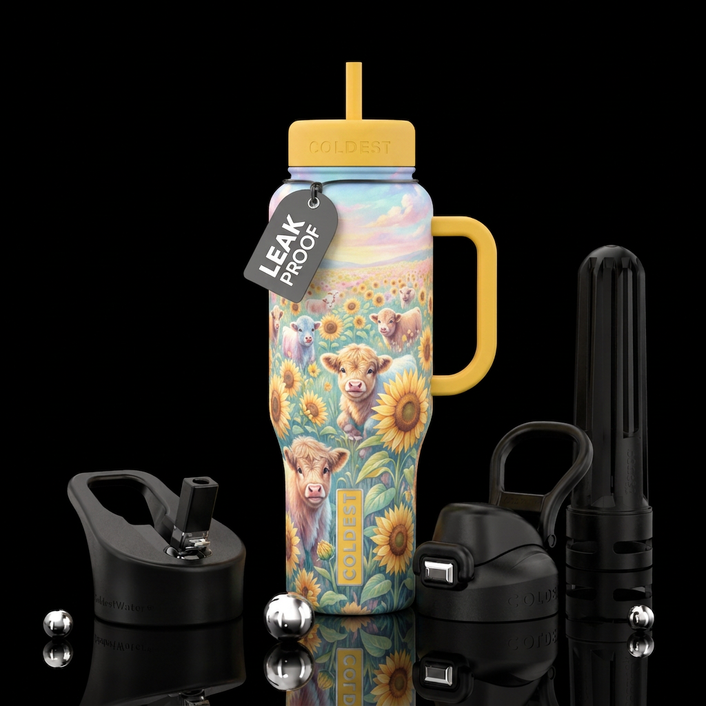 Pastels, Himalayan calves frolicking in a field of... water bottle design