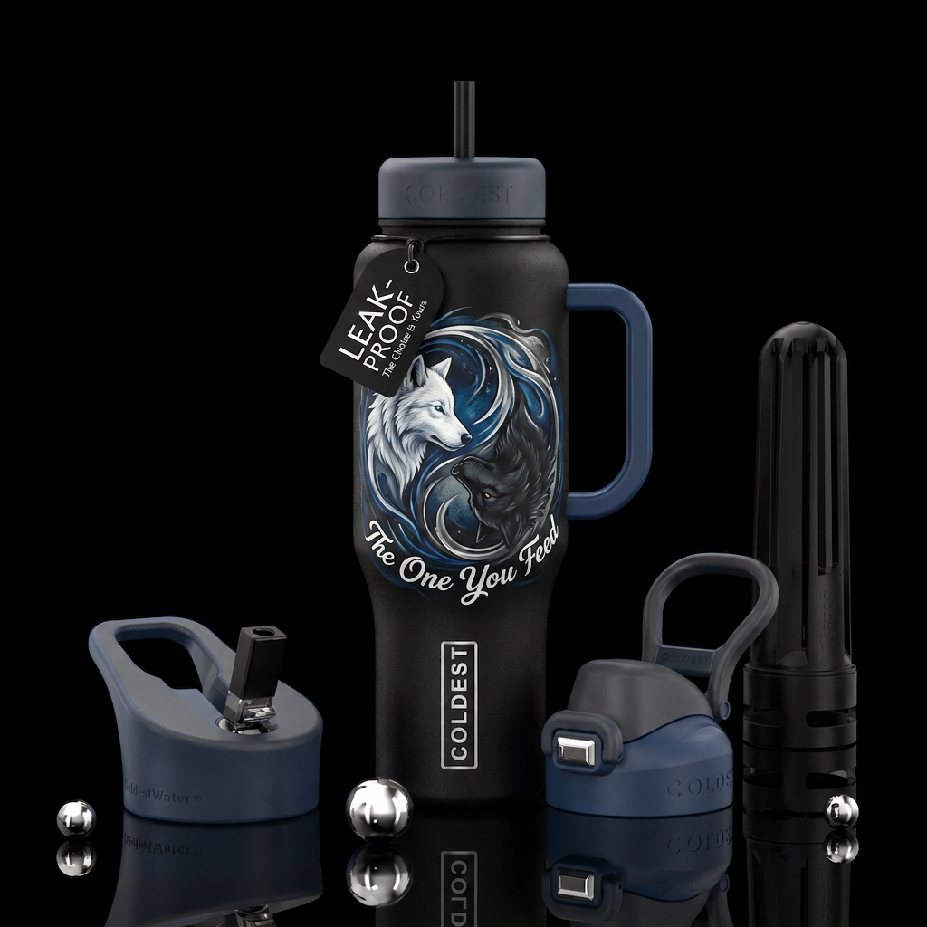 White wolf vs black wolf with the words “The One Y... water bottle design