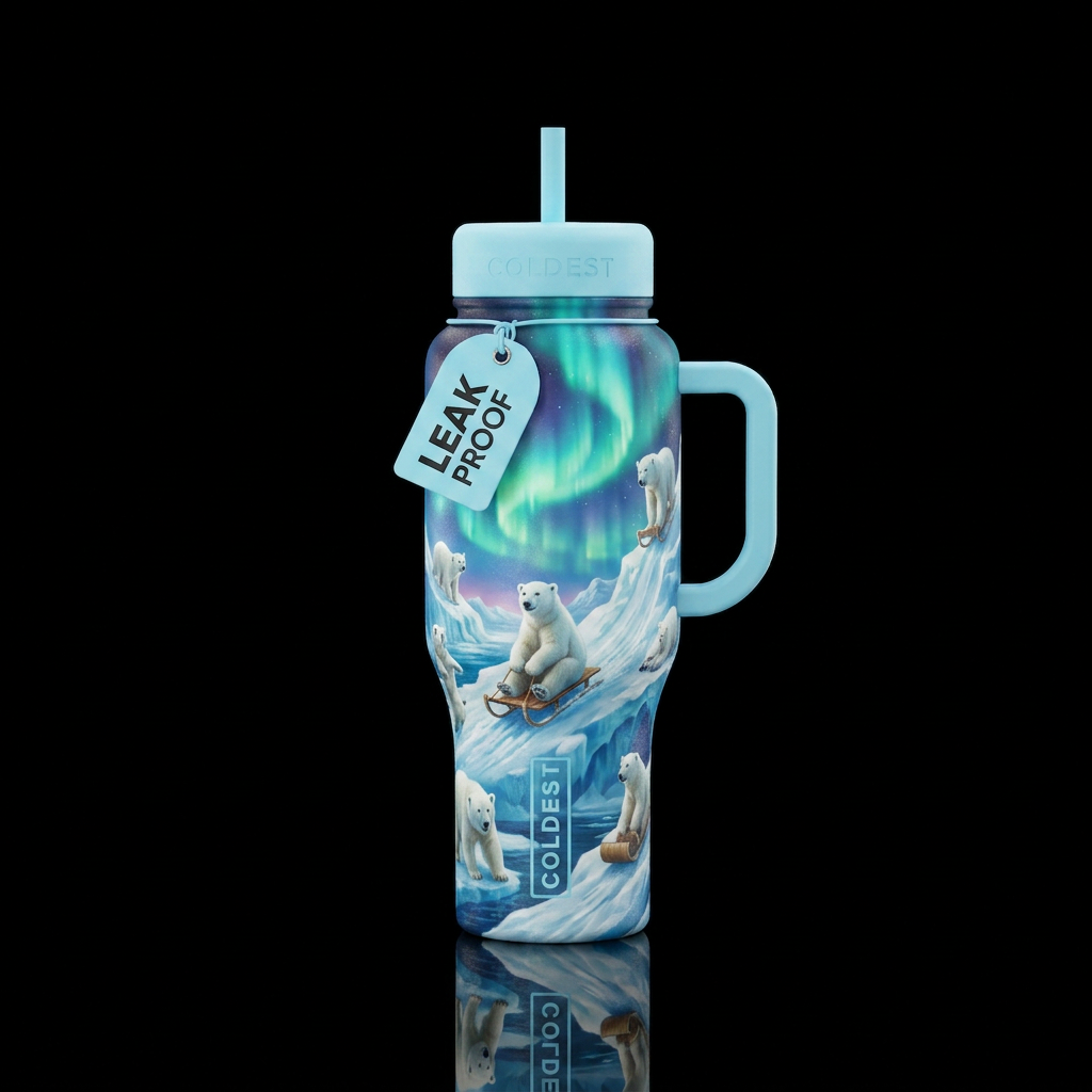 Polar bears sledding. Aurora borealis in backgroun... water bottle design
