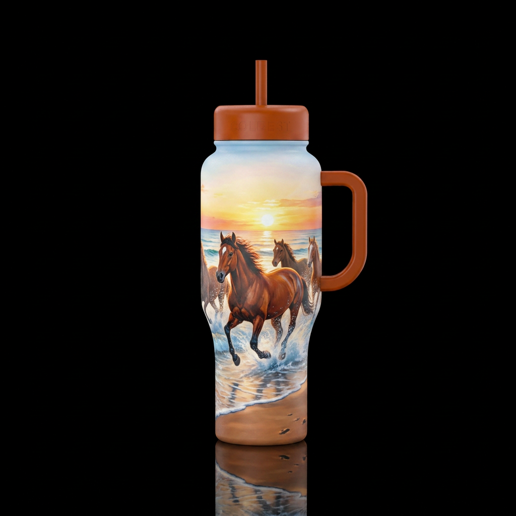 Wild horses running across beach, splashing water ... water bottle design