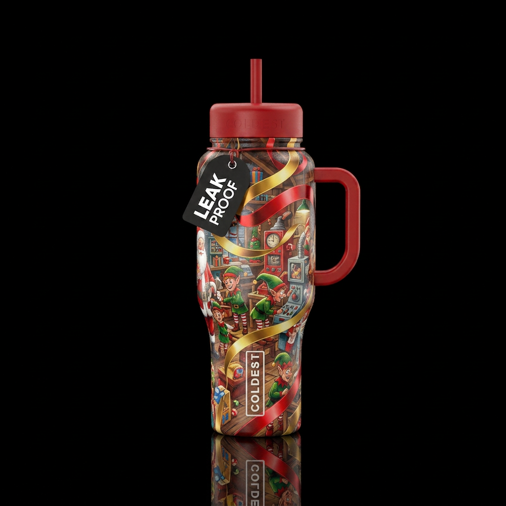 Santa’s workshop with metallic red and gold ribbon... water bottle design