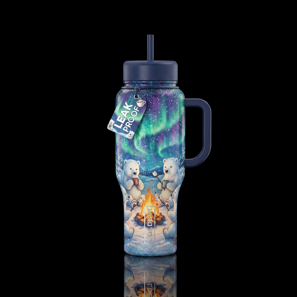 Polar bears around a campfire drinking cocoa and r... water bottle design