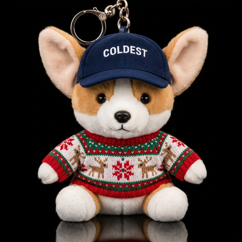 Stuffed corgi with Christmas sweater water bottle design
