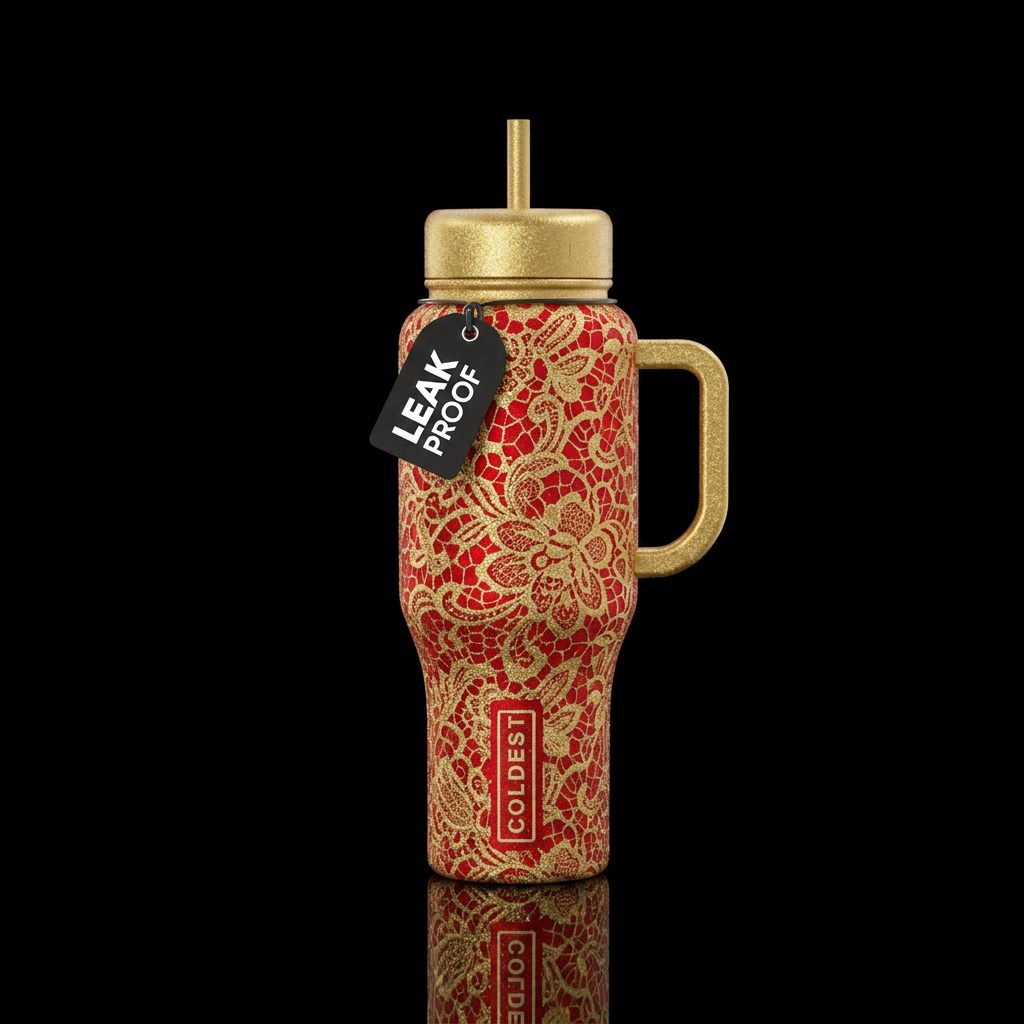 Glittery gold lace over a bright red background, g... water bottle design