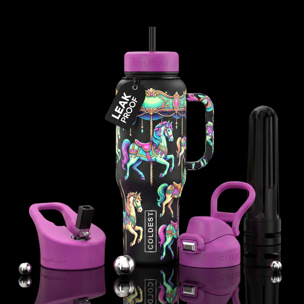 Colorfu carosel horsesglow  in dark water bottle design